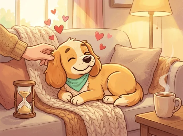 Koofo cuddled up on a cozy couch at golden hour, a small sand timer on the cushion beside him