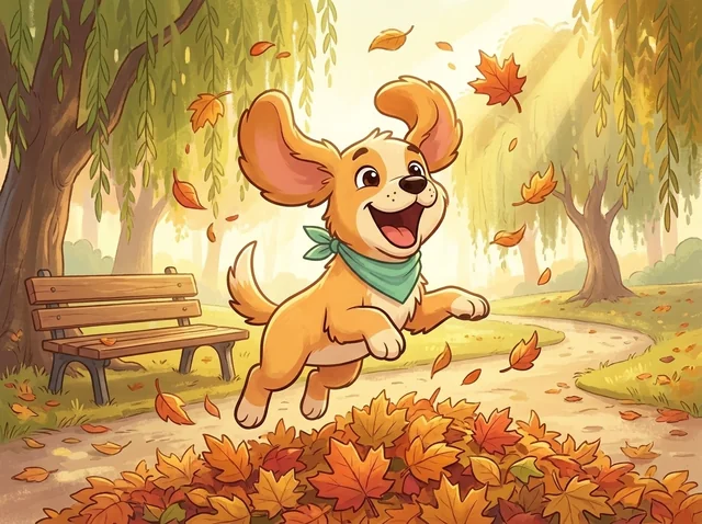 Koofo leaping into a pile of autumn leaves at Willow Park