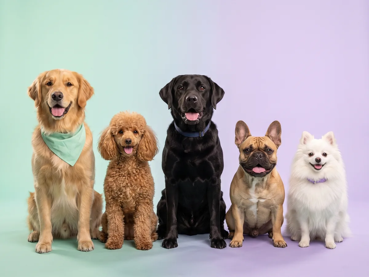 The five Koofo Pack dogs: Sunny the golden retriever, Coco the mini poodle, Bear the black Labrador, Bruno the French bulldog and Mochi the Pomeranian