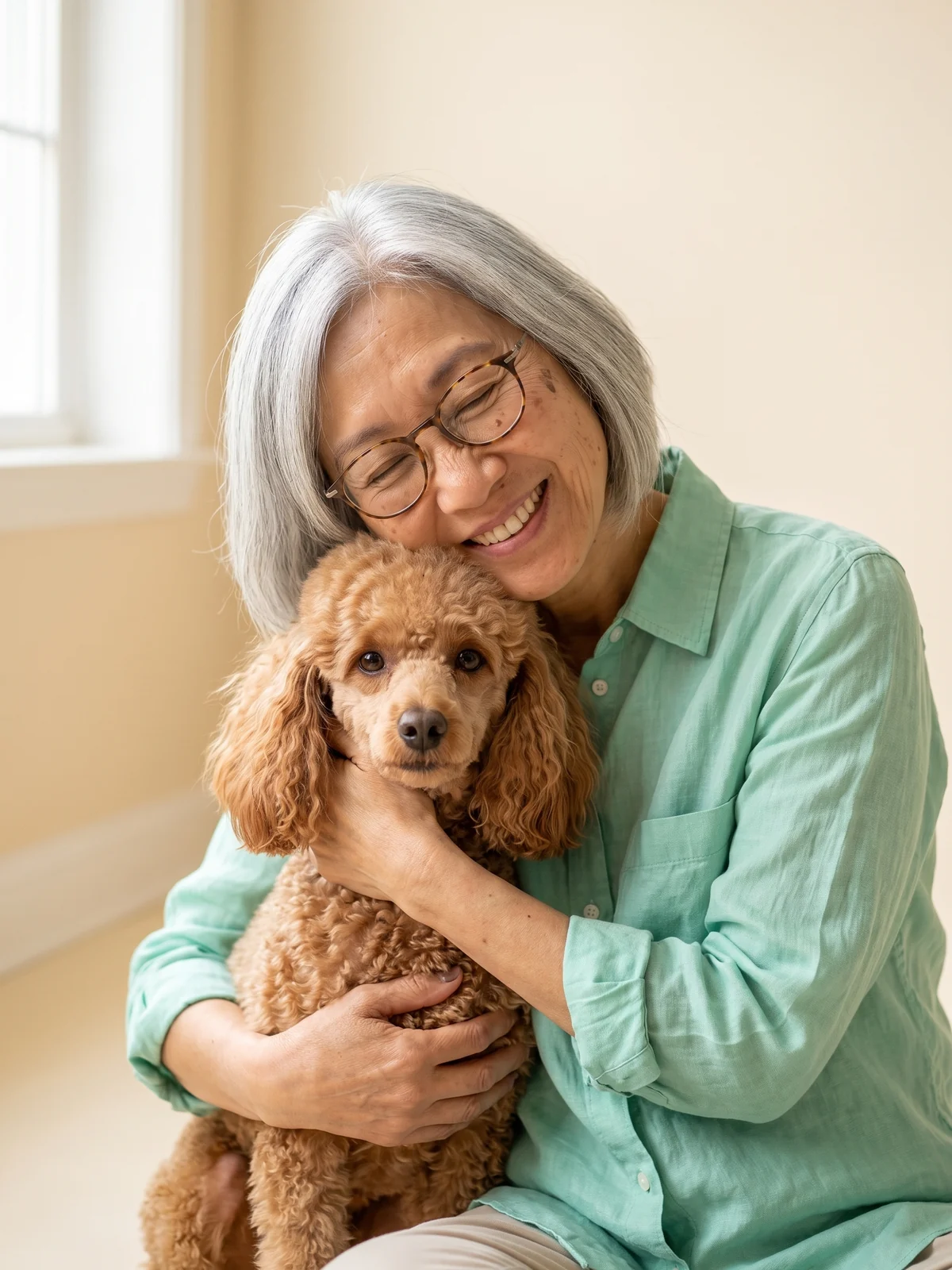 Grace hugging Coco, her poodle