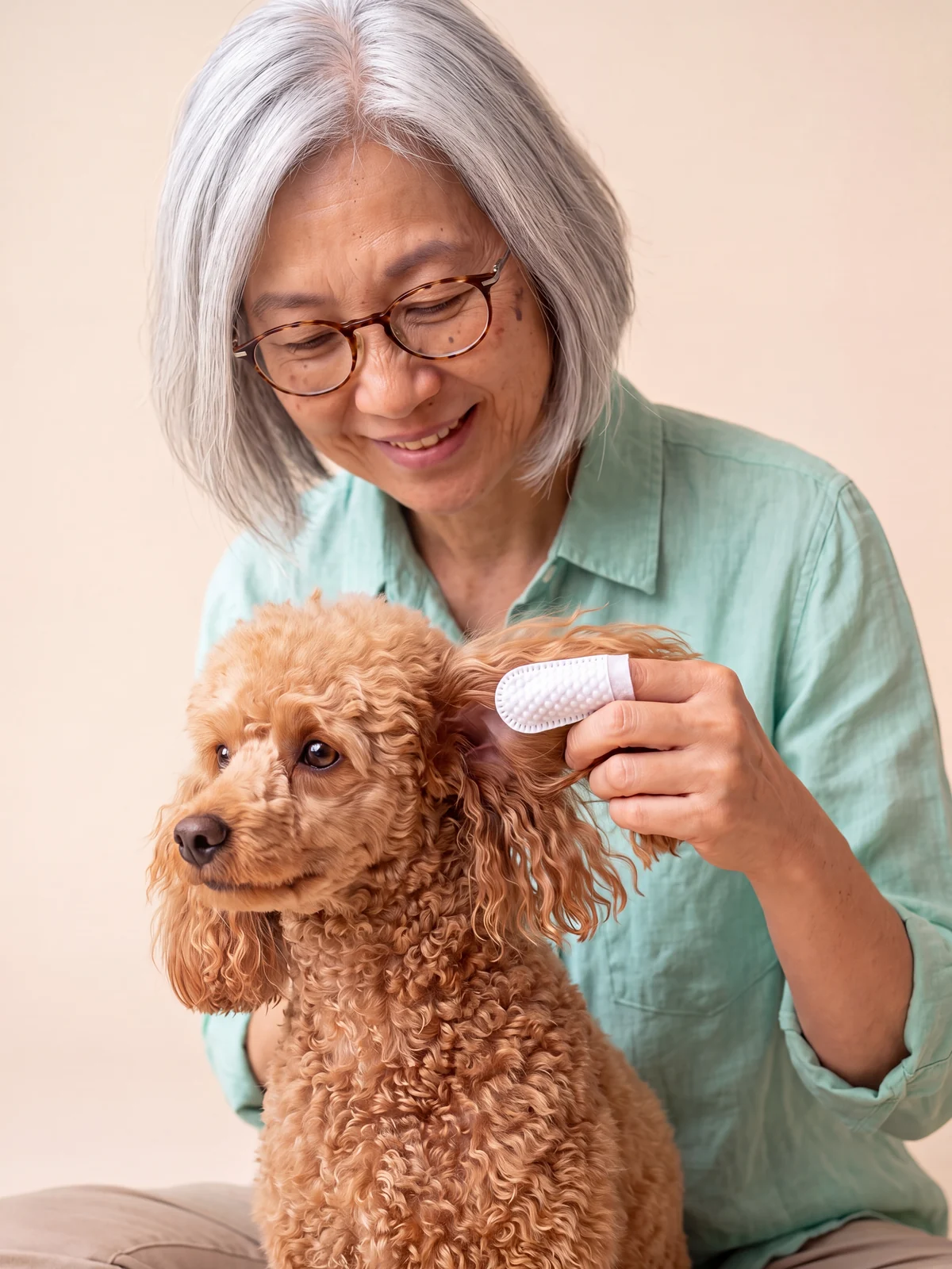 Grace wiping Coco's ear flap with an ear finger wipe