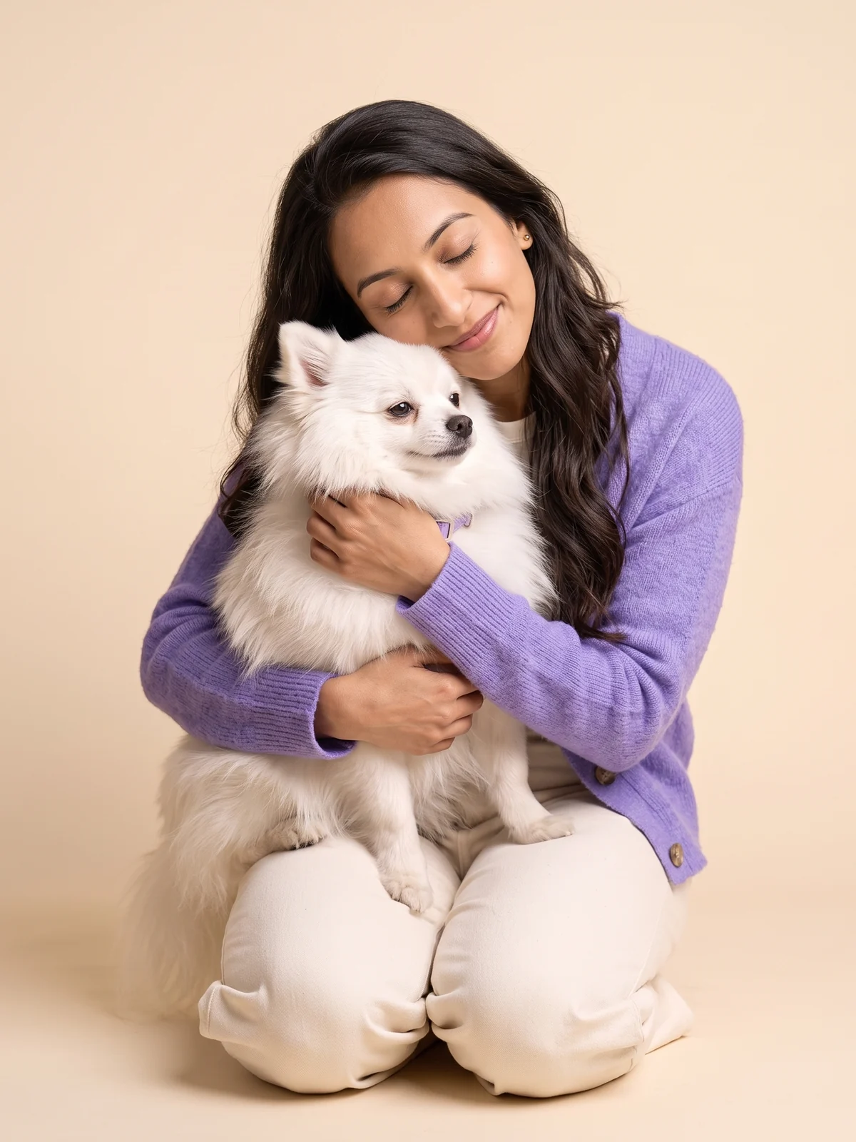 Maya hugging Mochi, her Pomeranian