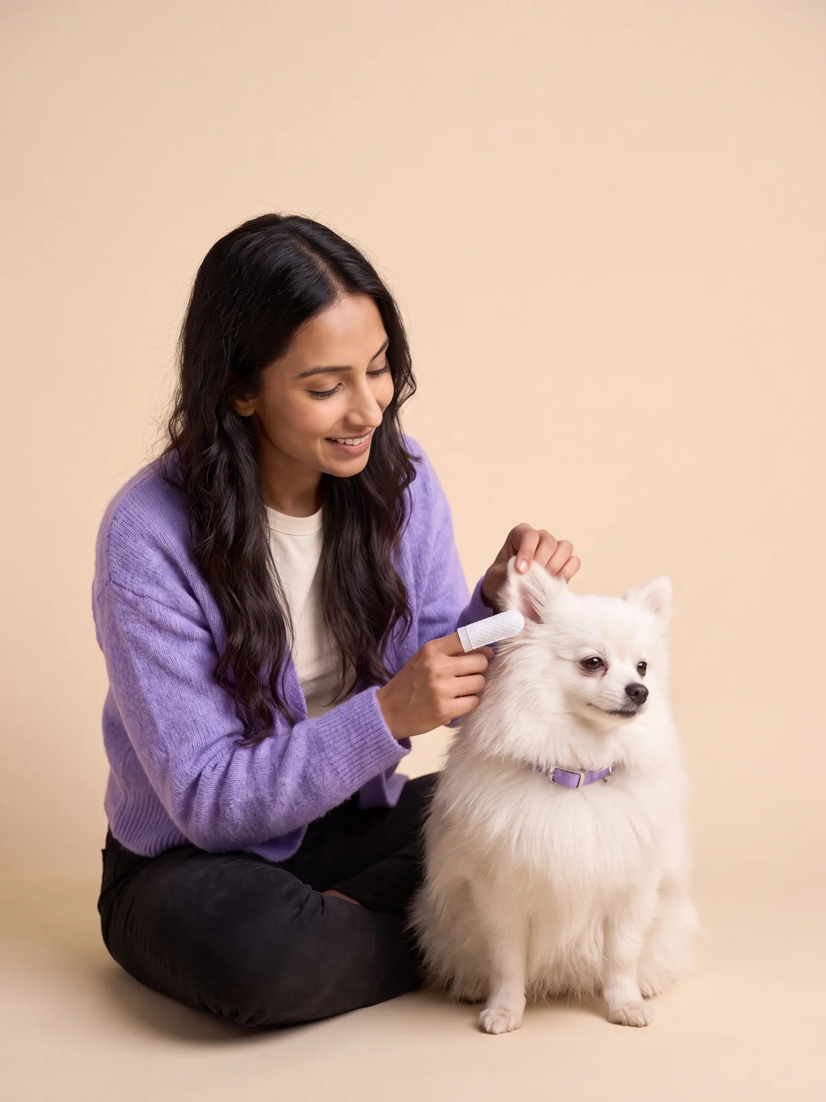 Maya wiping Mochi's ear flap with an ear finger wipe