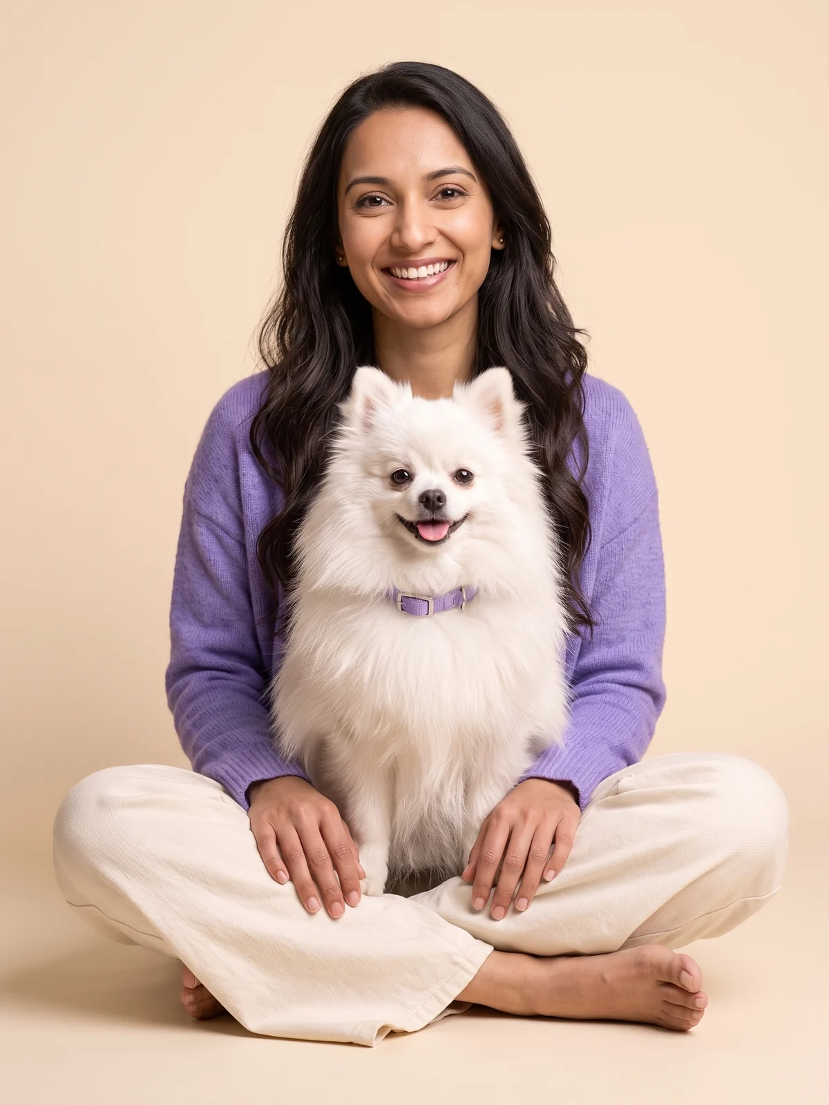 Maya sitting on the floor with Mochi, her Pomeranian