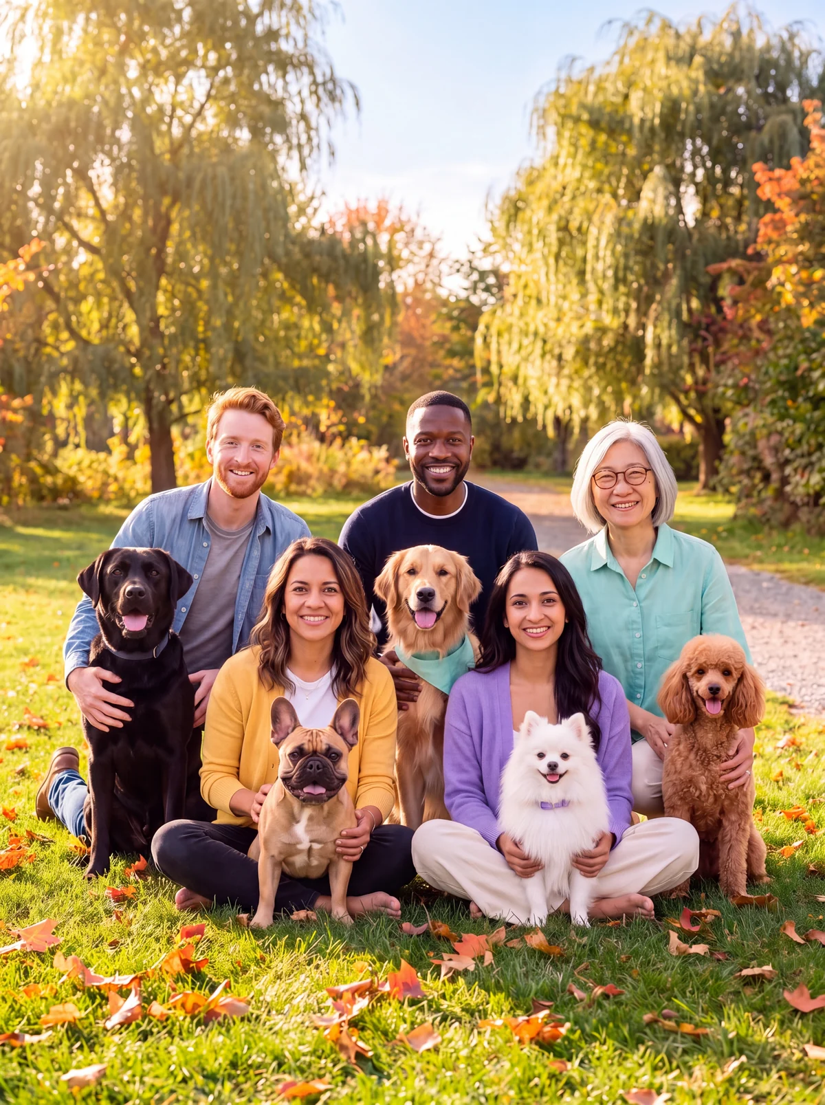 The Koofo Pack: five pet parents and their dogs together in an autumn park