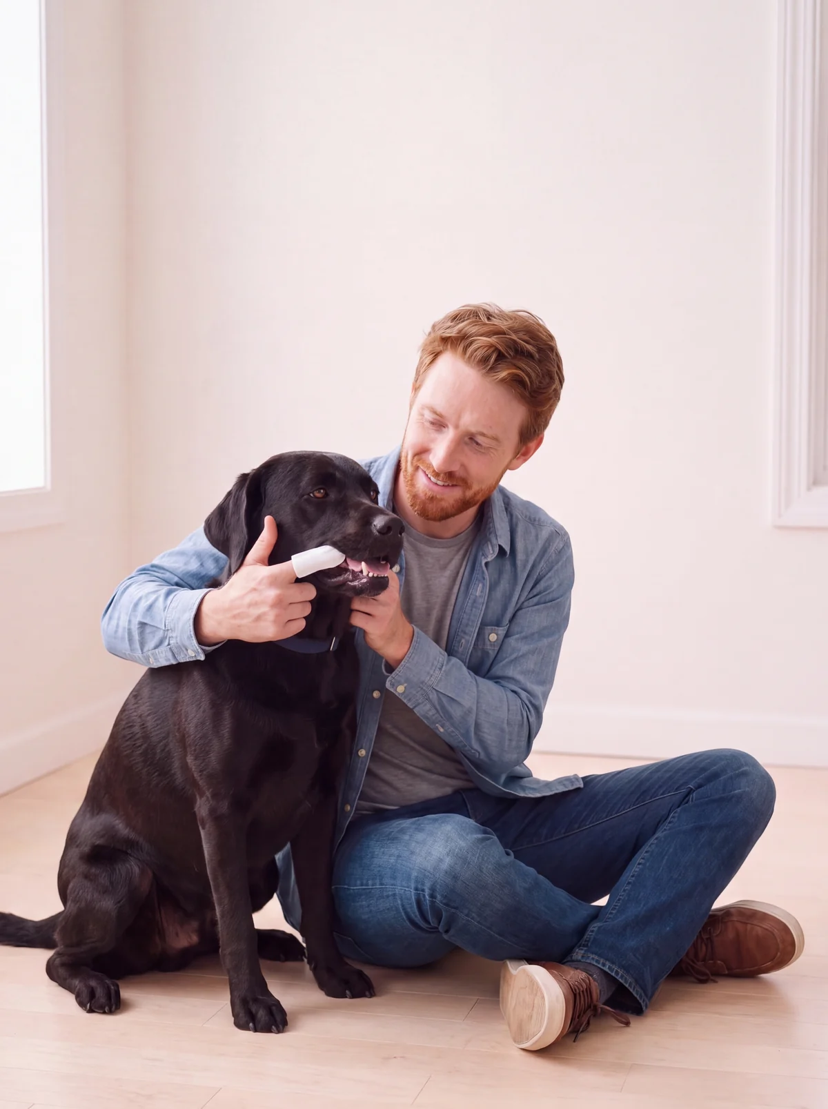 Ryan wiping Bear's teeth with a dental finger wipe