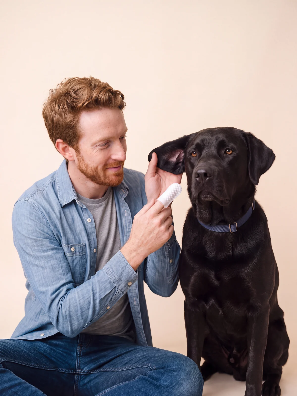 Ryan wiping Bear's ear flap with an ear finger wipe