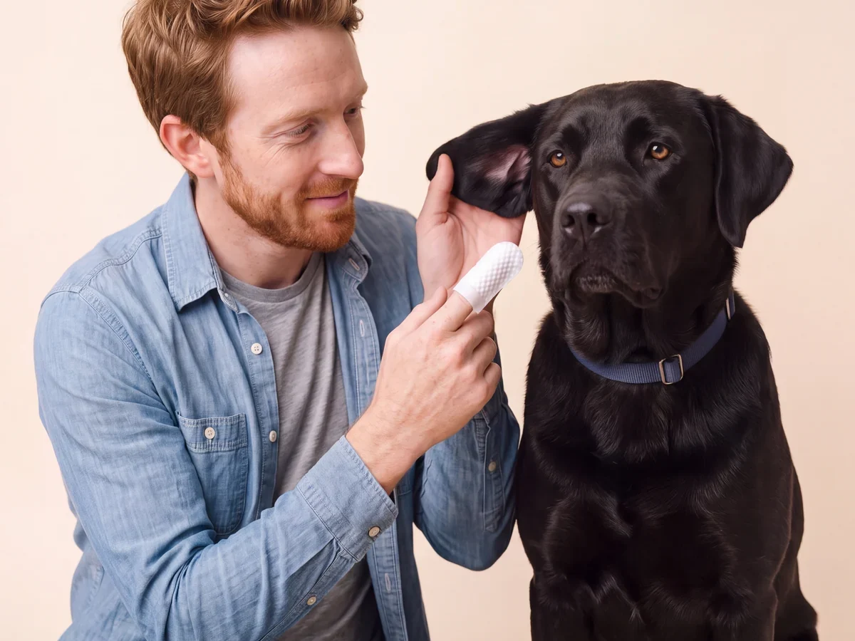 Ryan wiping Bear's lifted ear flap with an ear finger wipe