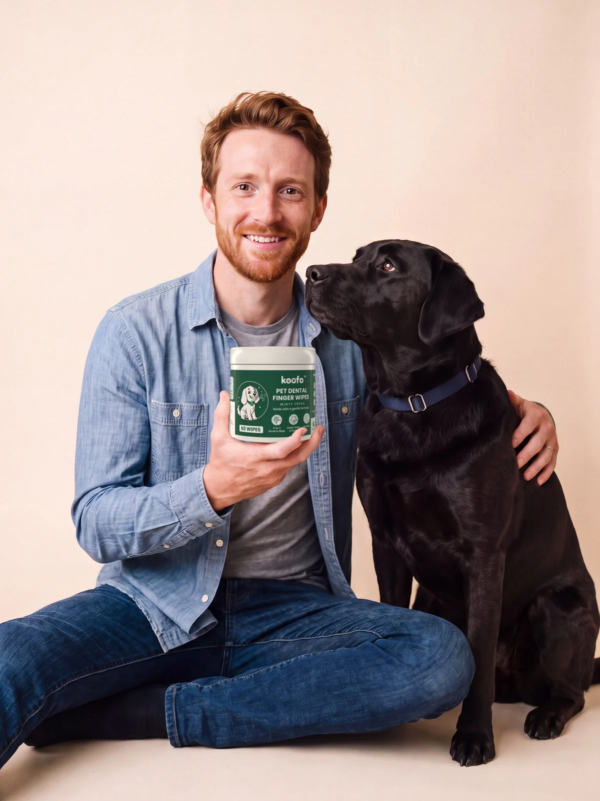 Ryan holding a can of Koofo Pet Dental Finger Wipes next to Bear