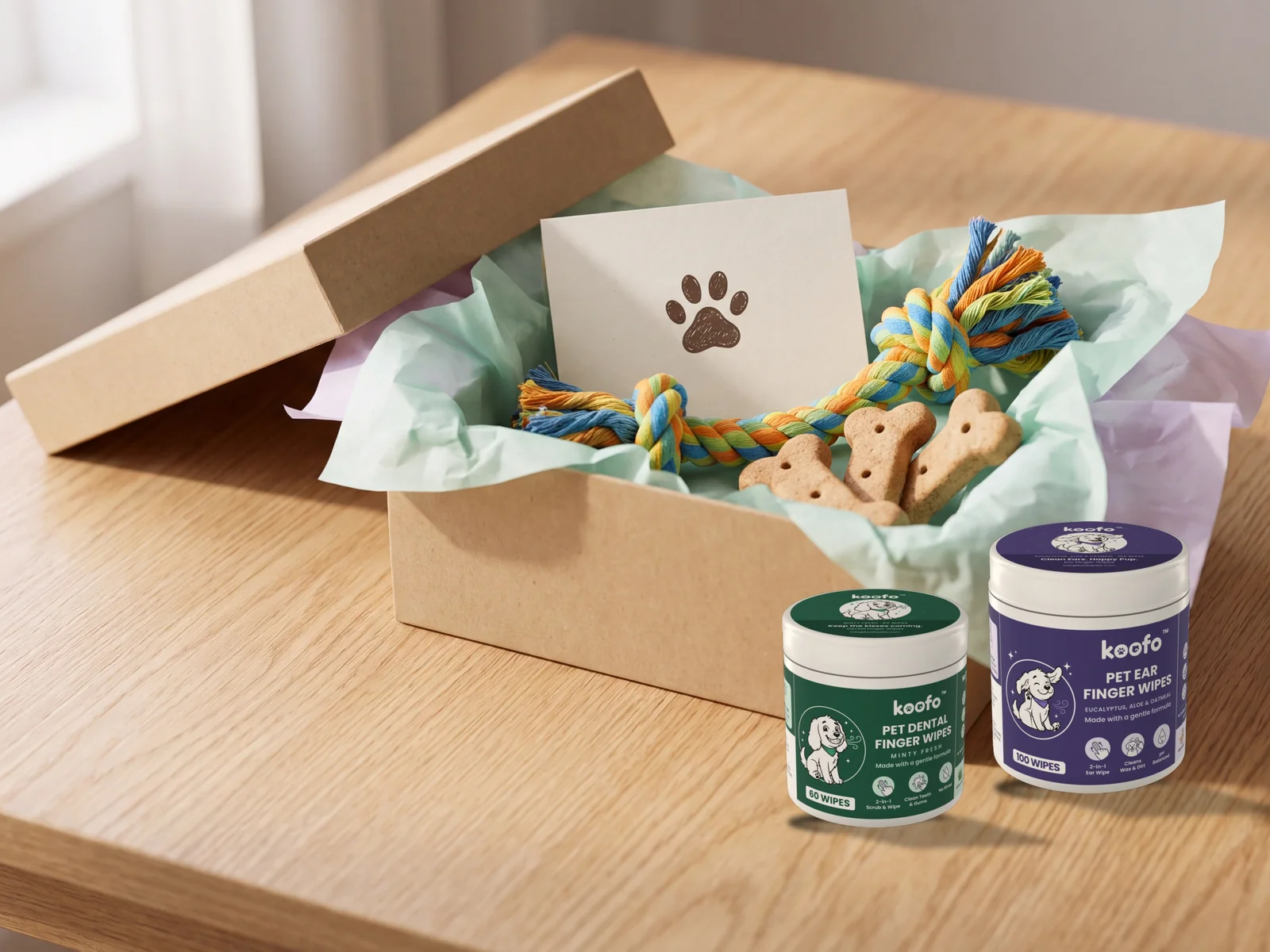 Koofo creator gift box with a Dental and an Ear can, a rope toy and dog biscuits