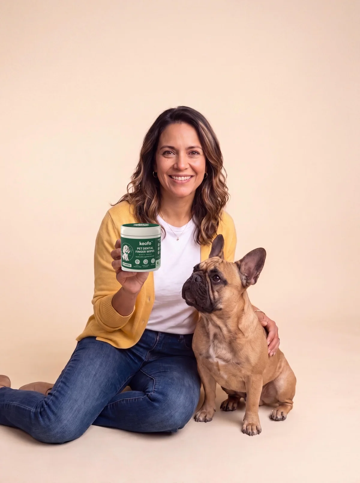 Sofia holding a can of Koofo Pet Dental Finger Wipes next to Bruno