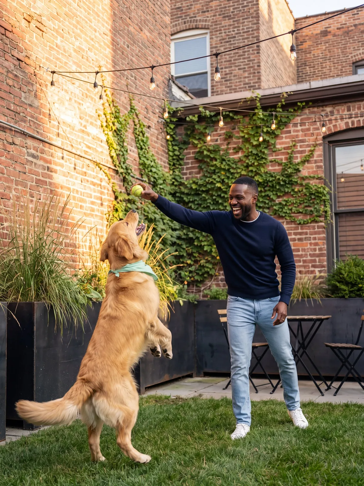 Daniel playing catch with Sunny in their brick courtyard