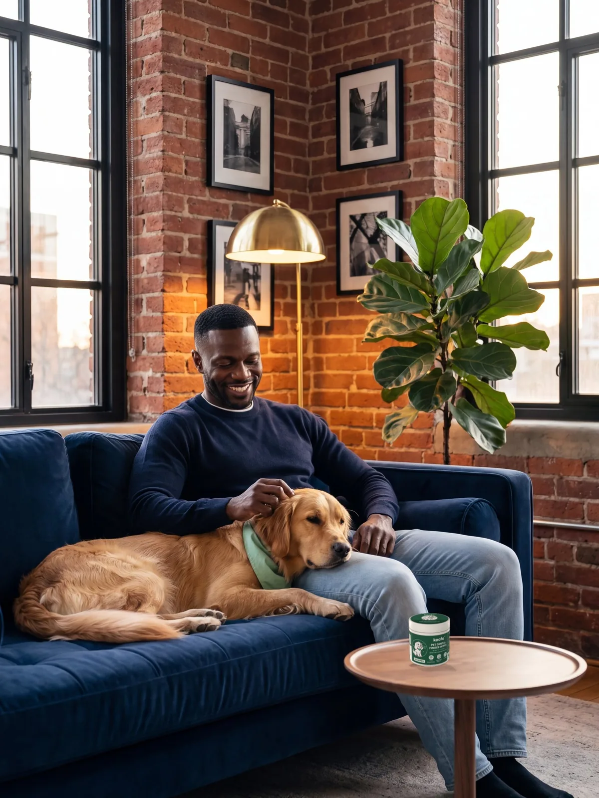 Daniel on his navy velvet sofa with Sunny, a Koofo Dental can on the side table