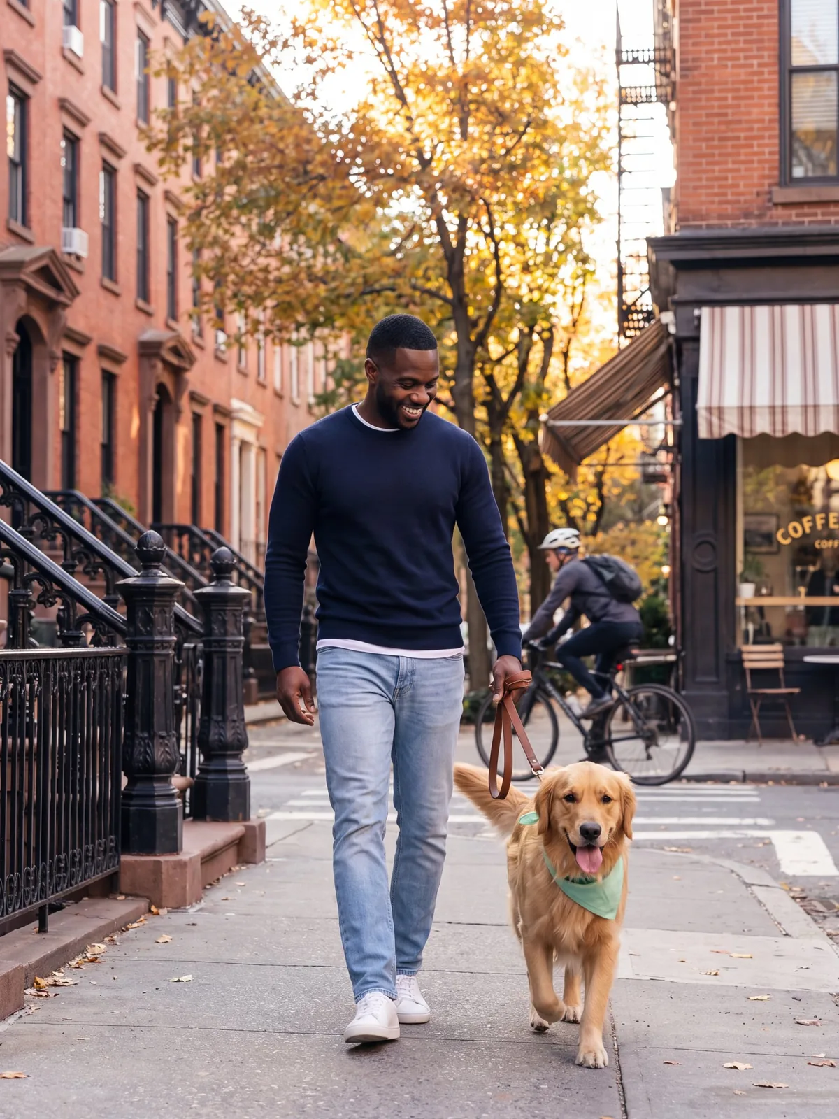 Daniel walking Sunny down their city street
