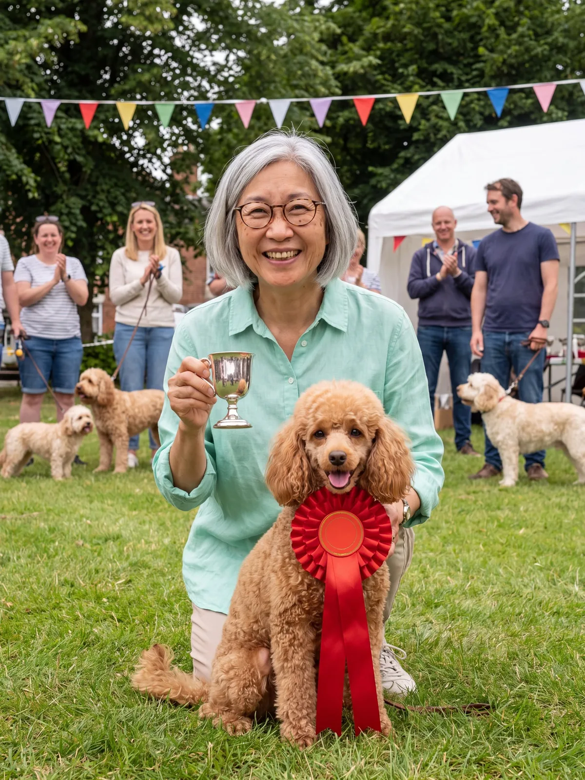 Coco with a red rosette at the village fete while Grace holds a small cup