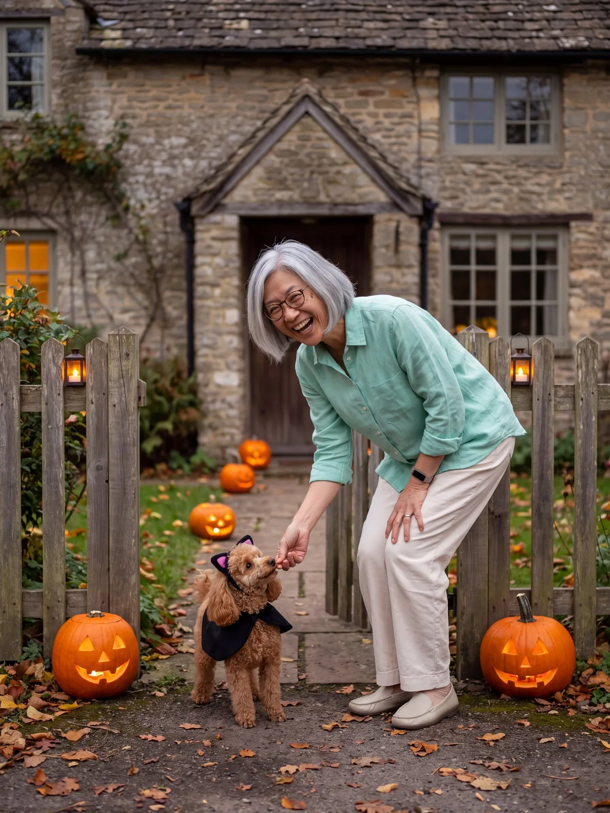 Grace giving Coco a treat by the pumpkins at her cottage gate on Halloween