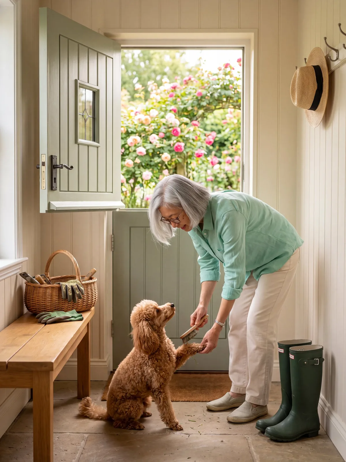 Grace brushing Coco's paws by the Dutch door, the rose garden behind
