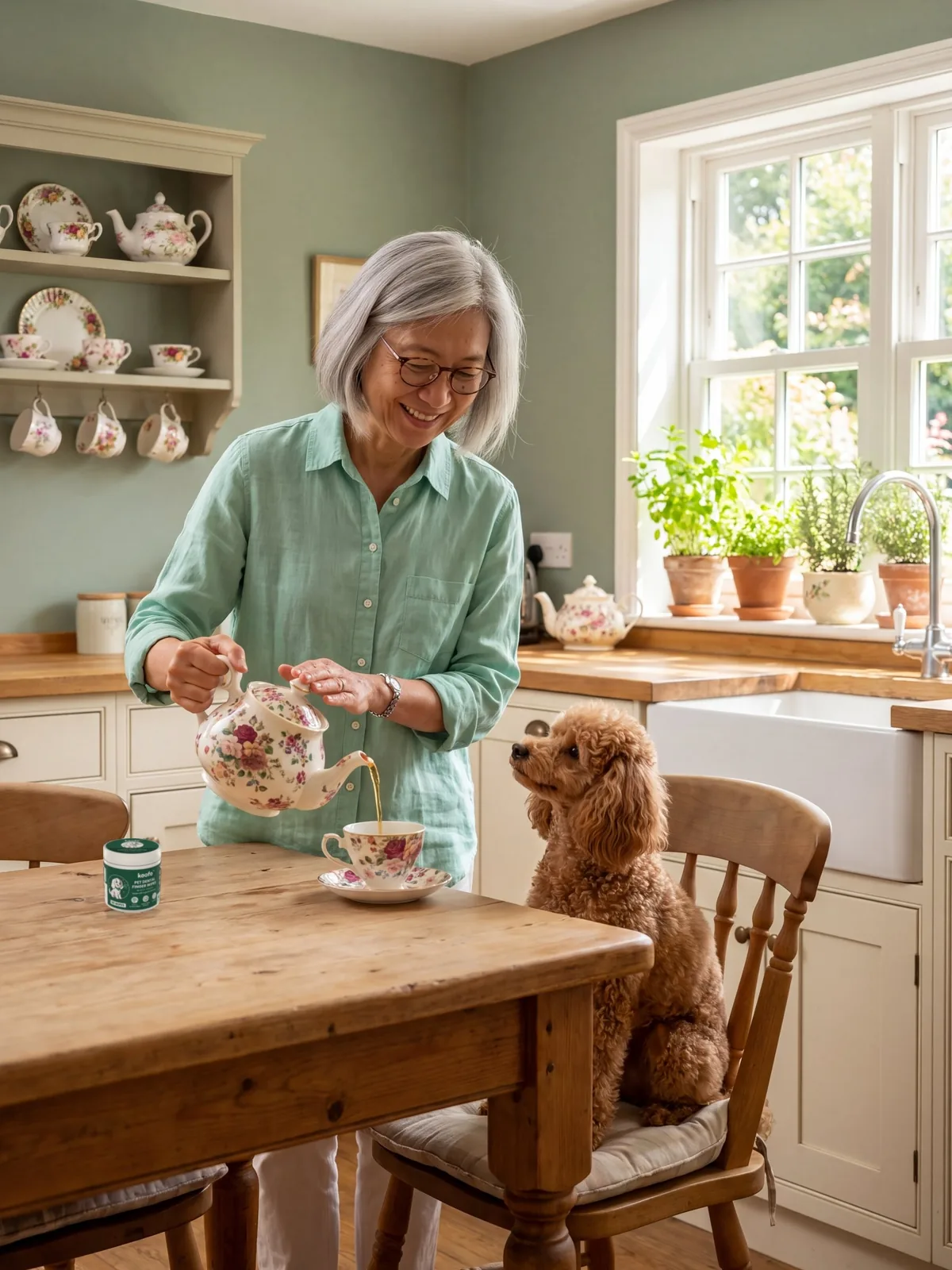 Grace pouring tea at her kitchen table with Coco, a Koofo Dental can on the table