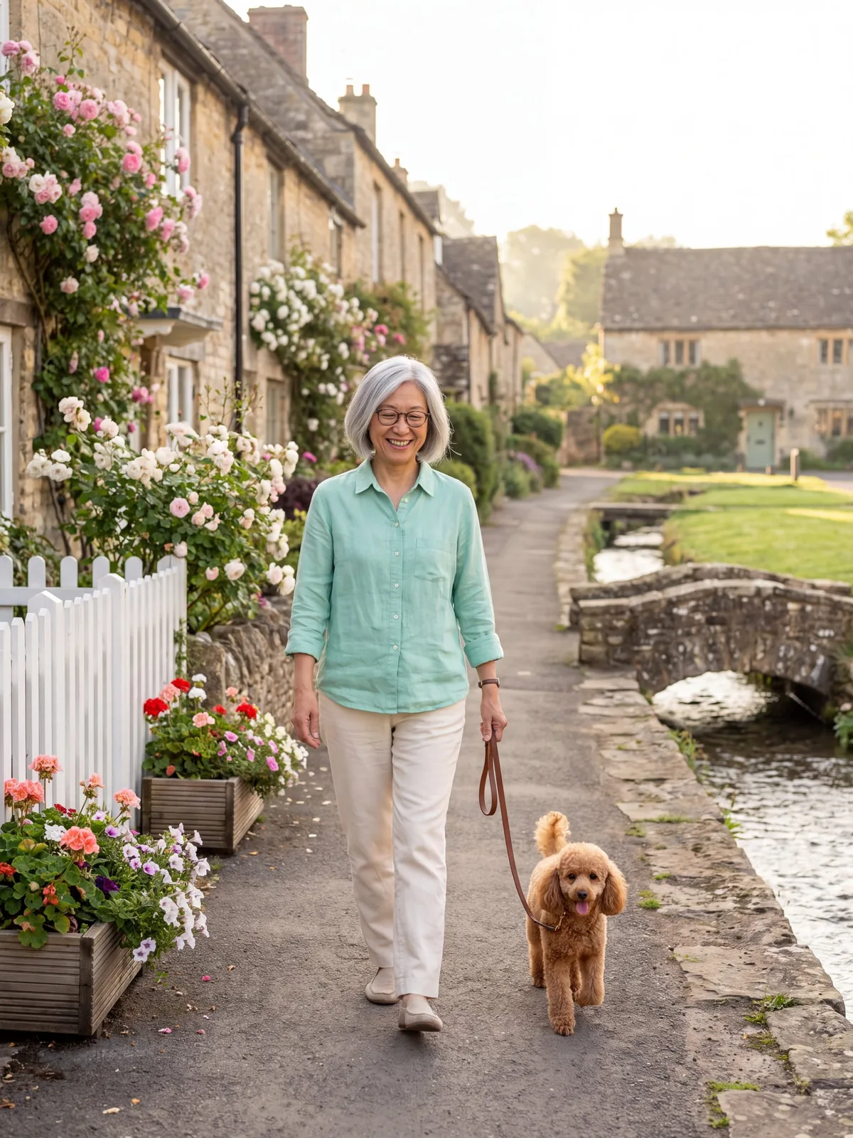Grace walking Coco down their village lane