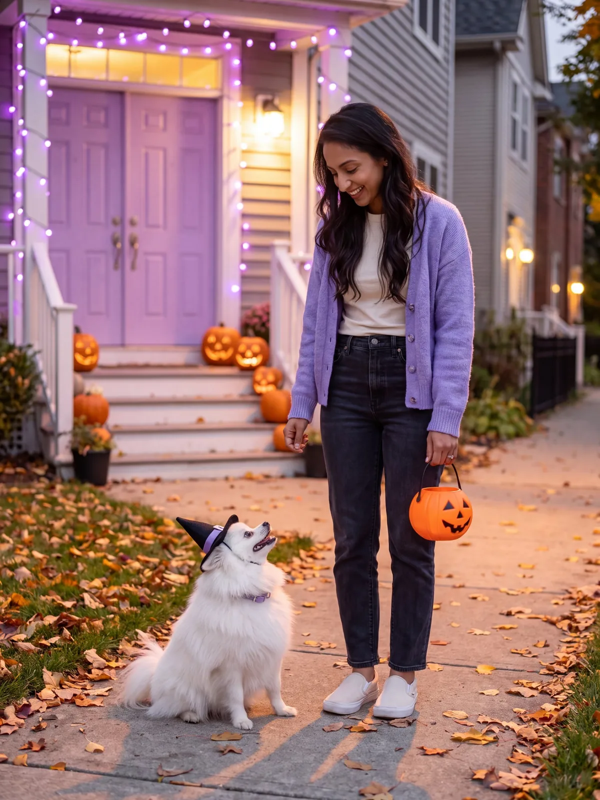 Maya with a pumpkin bucket and Mochi in a tiny witch hat on Halloween