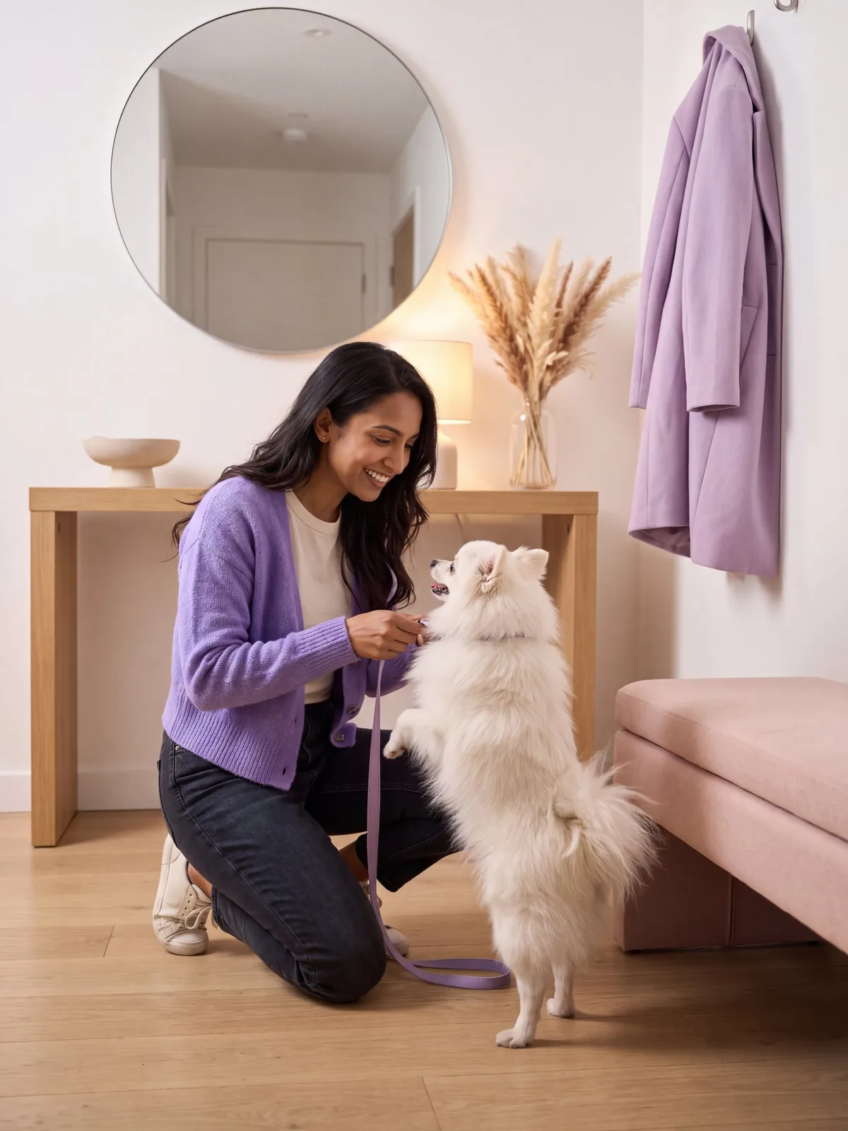 Maya clipping Mochi's lead by the round mirror