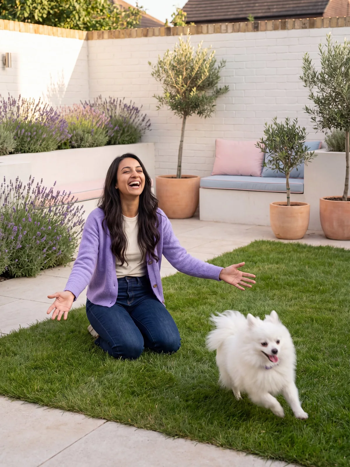 Maya playing with Mochi on their lavender terrace