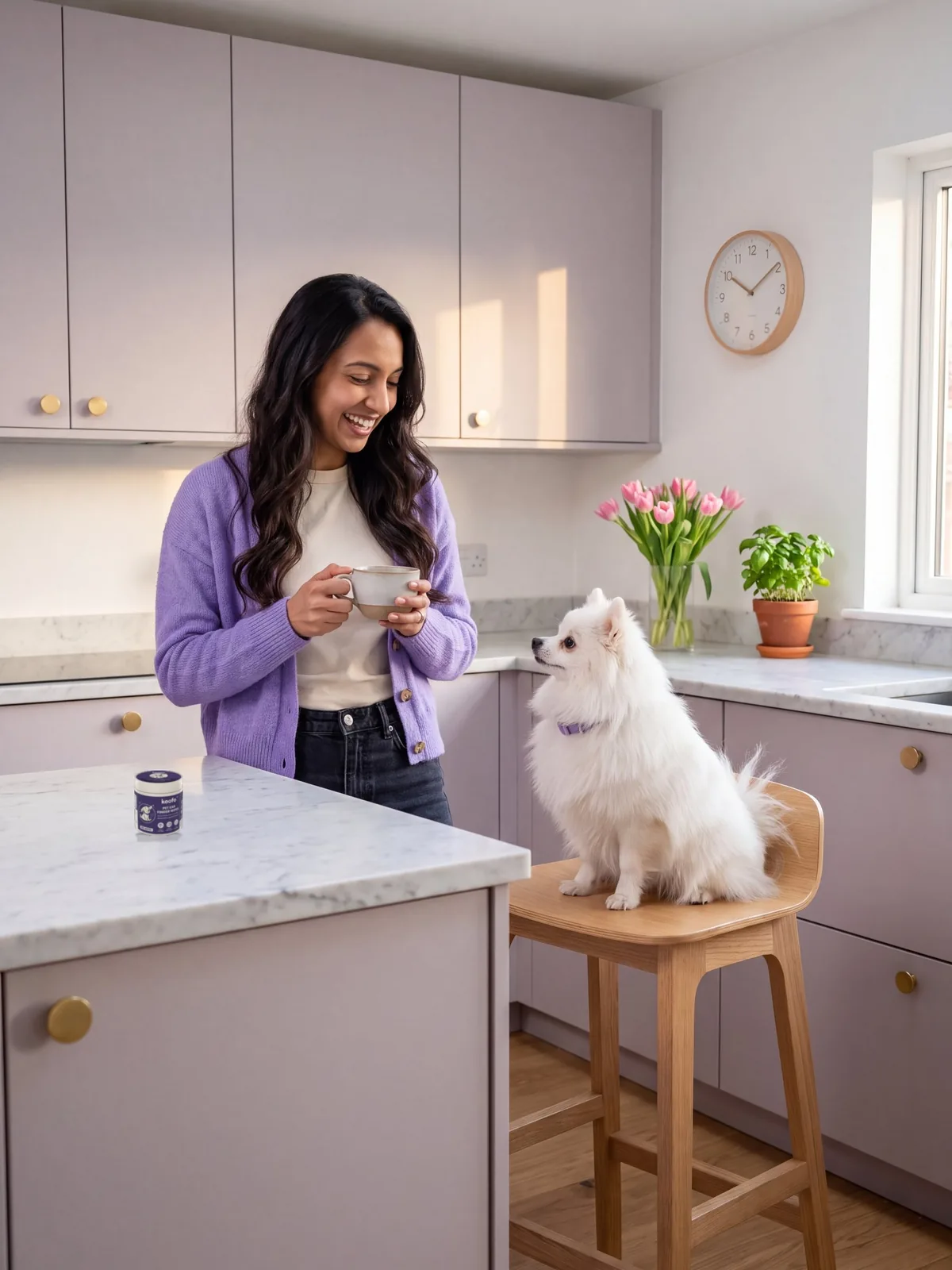 Maya in her lavender kitchen with Mochi, a Koofo Ear can on the marble island