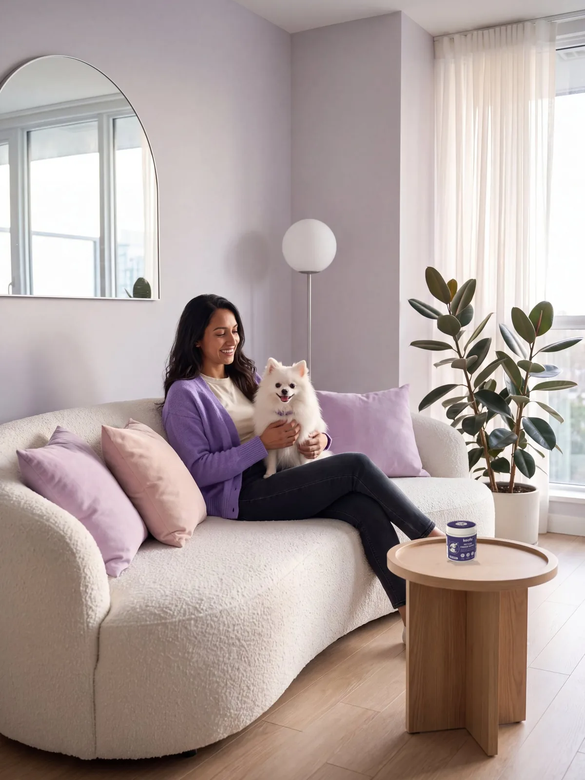 Maya on her white boucle sofa with Mochi, a Koofo Ear can on the side table