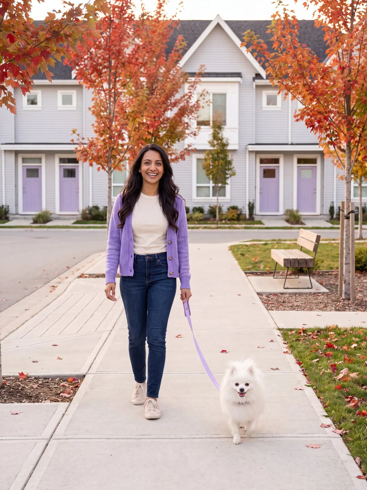 Maya walking Mochi along their tree-lined street