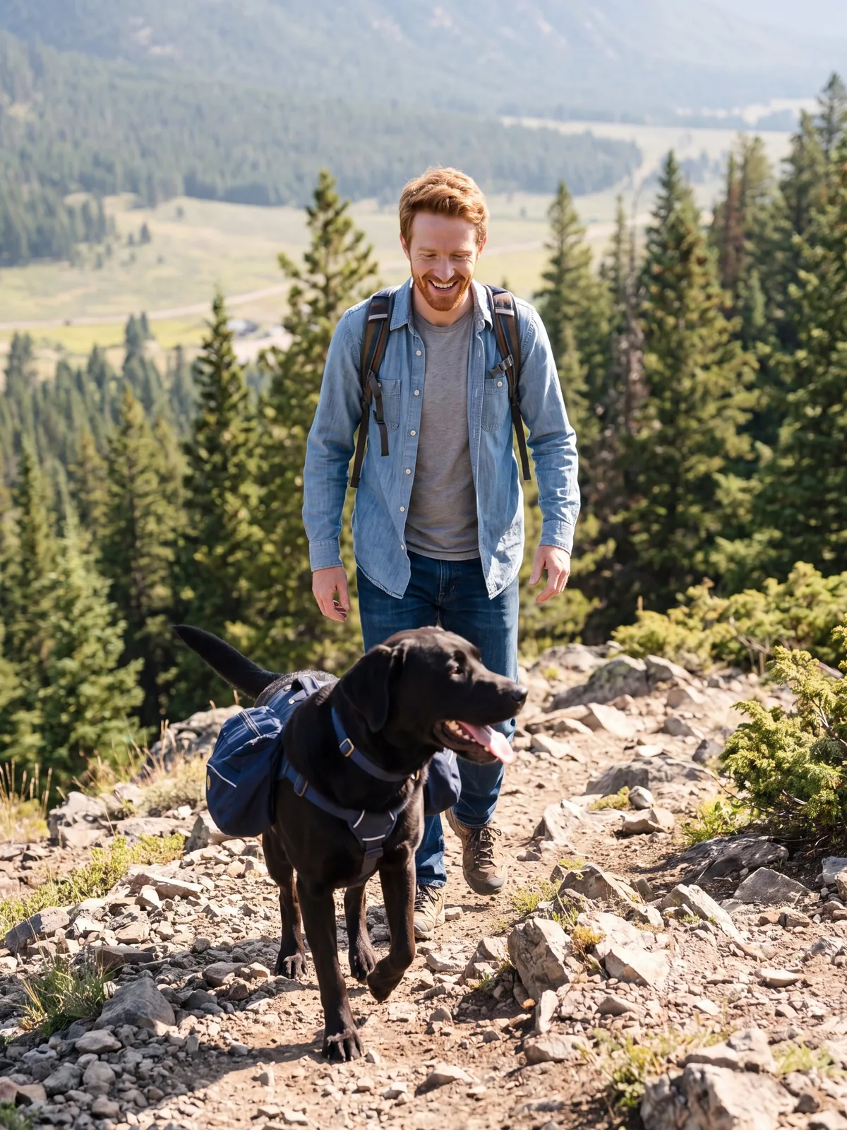 Ryan and Bear: a trail day. Up the ridge with his own little backpack.