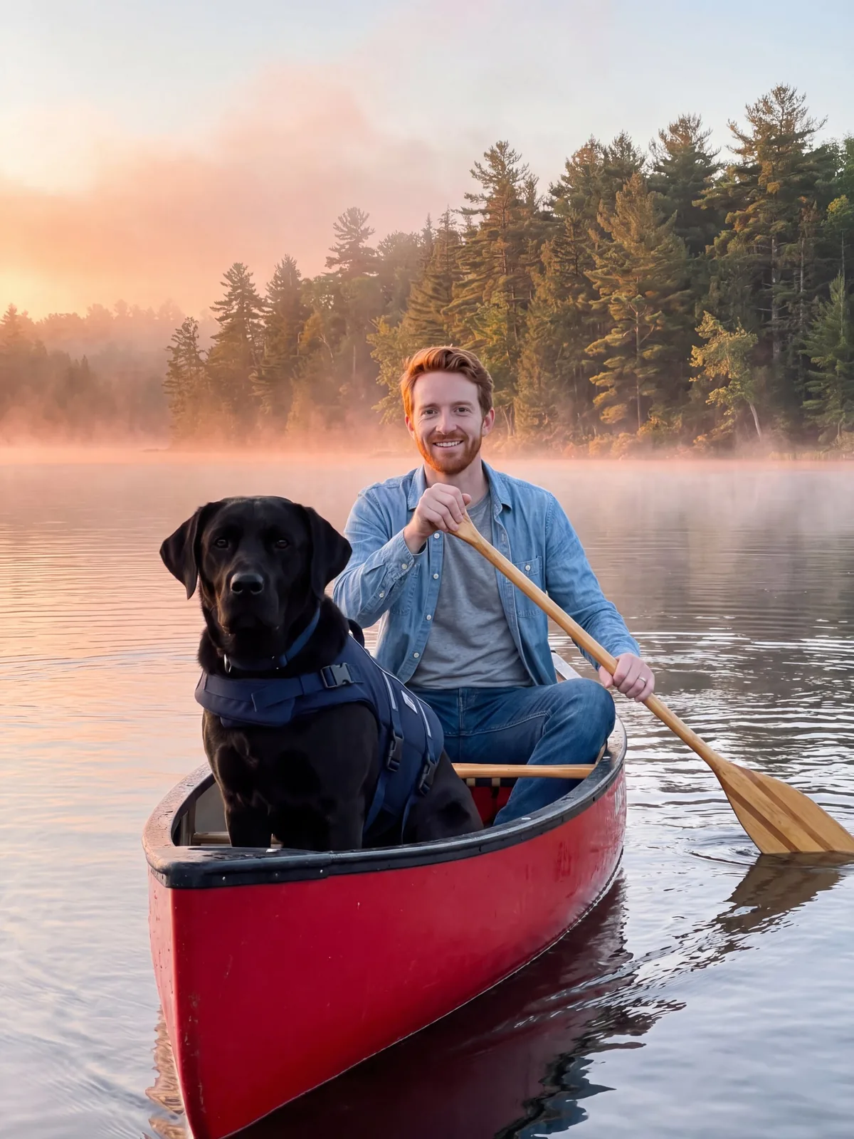 Ryan and Bear: canoe morning. Bear rides up front in his life vest.
