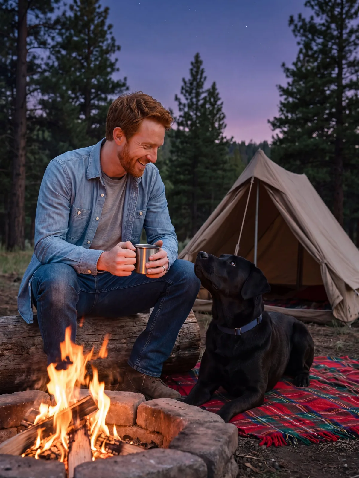 Ryan and Bear: campfire night. Walk first, wipes after, then the fire.