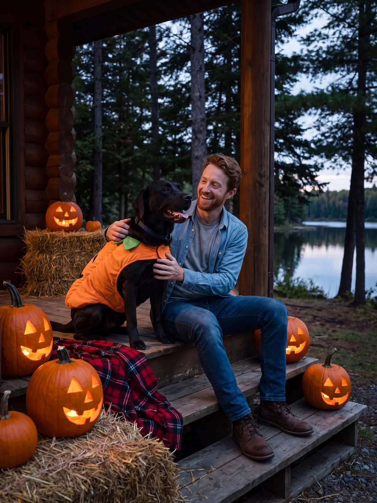 Ryan on the cabin steps with Bear in a pumpkin costume on Halloween