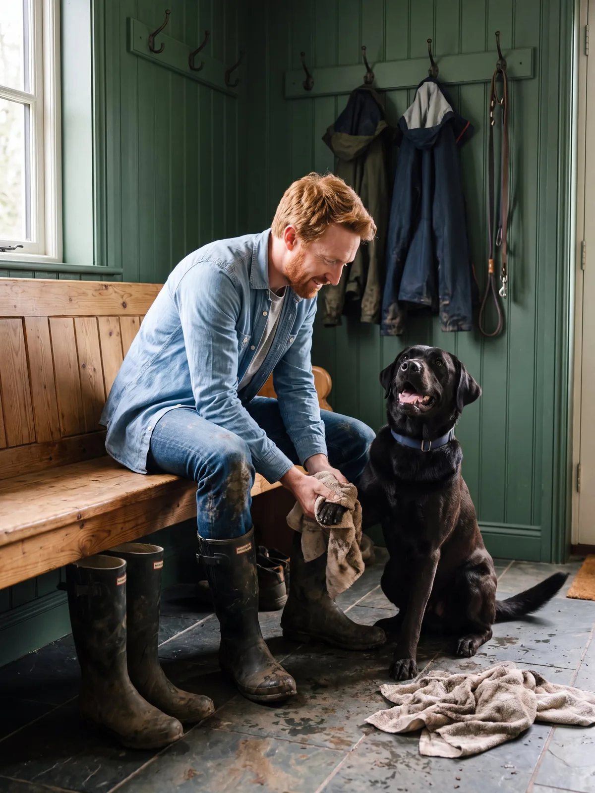 Ryan drying Bear's paws in the mudroom after a walk