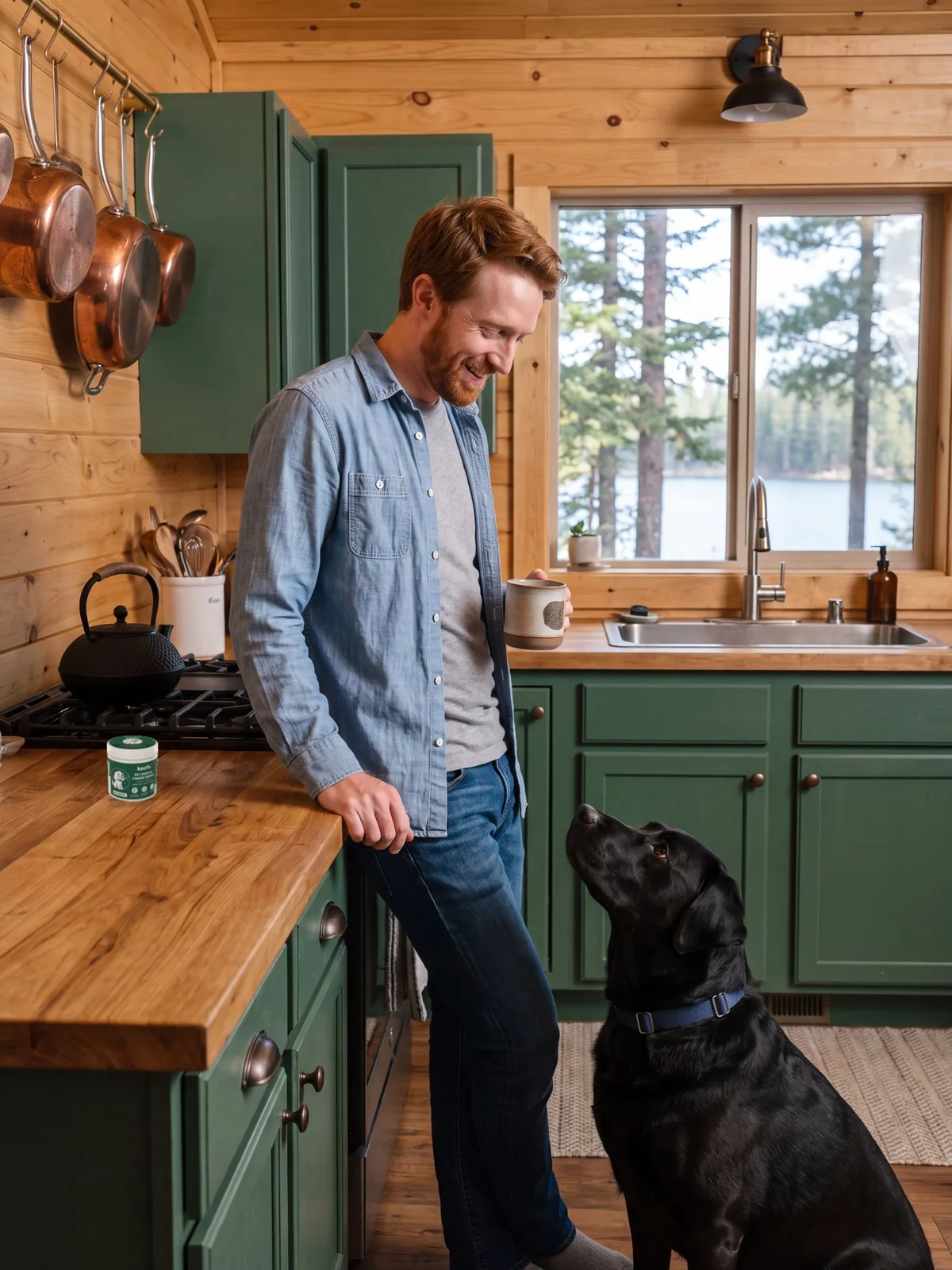 Ryan in his cabin kitchen with Bear, a Koofo Dental can on the counter