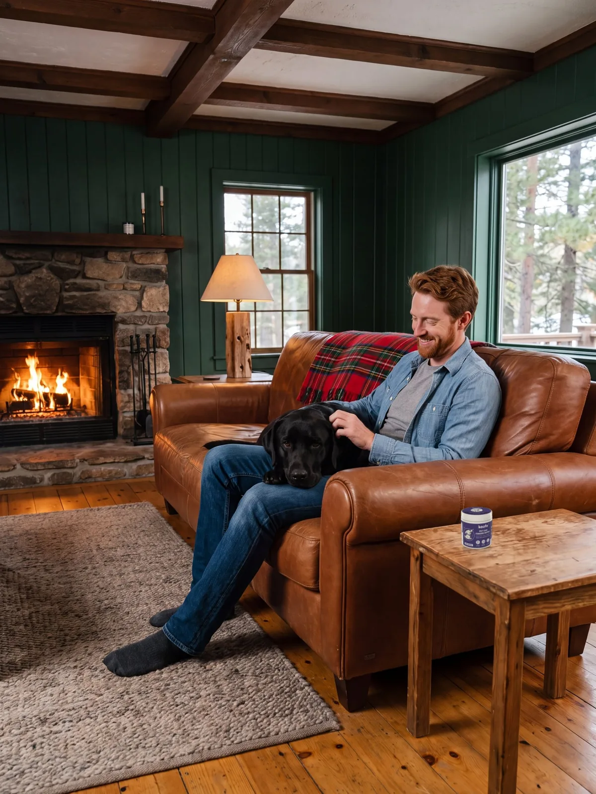 Ryan on his leather sofa by the fireplace with Bear, a Koofo Ear can on the side table