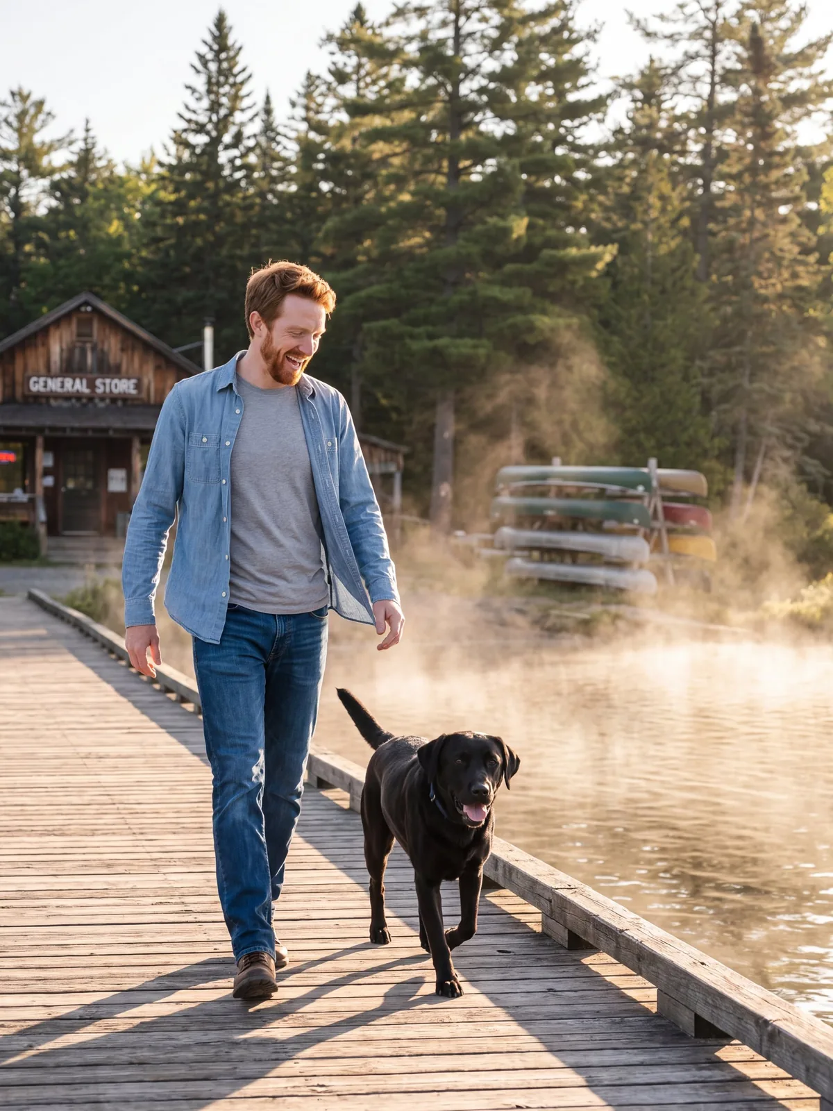 Ryan and Bear on the lakeside boardwalk