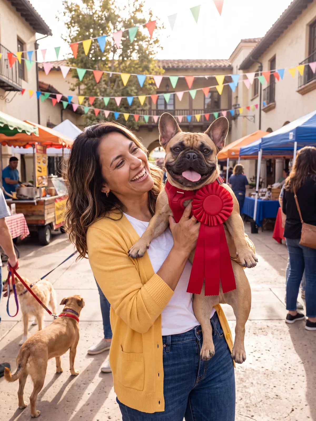 Sofia holding up Bruno with a red rosette at the street fair