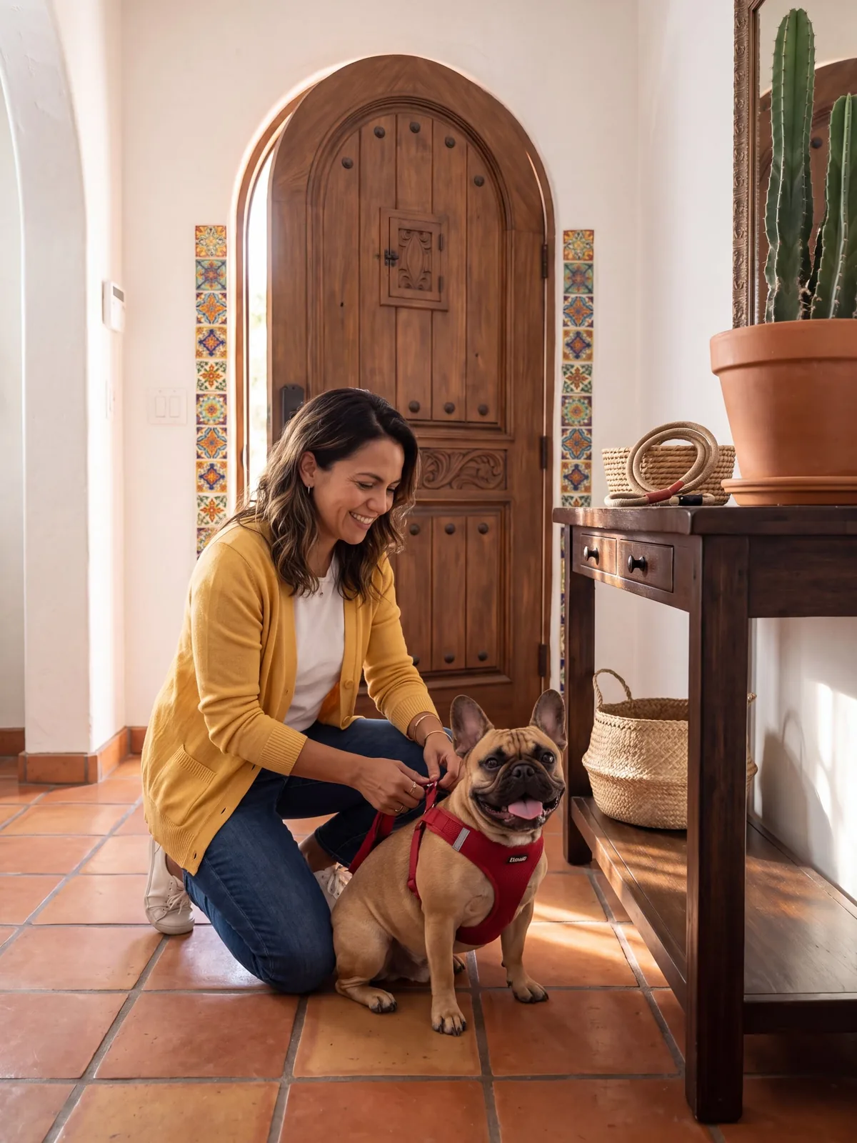 Sofia taking off Bruno's harness by their arched front door
