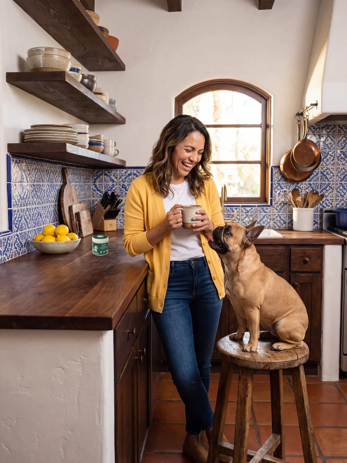 Sofia in her blue-tiled kitchen with Bruno, a Koofo Dental can on the counter