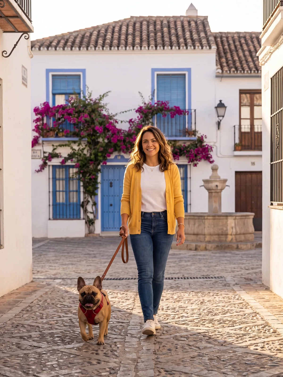 Sofia walking Bruno through their whitewashed lane